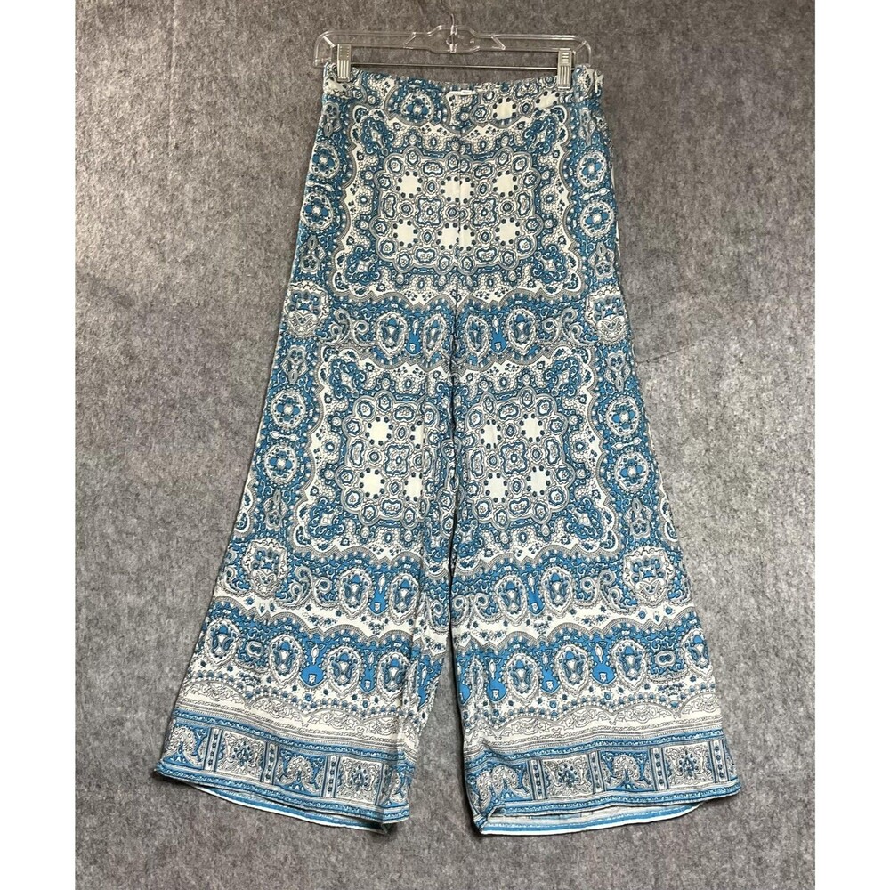 Feather Bone Pants Womens 4 Blue Paisley Linen Rayon Wide Leg Cropped Boho 27x23